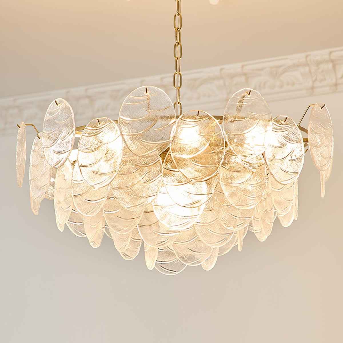 Lampadario in metallo con dischi di vetro e finitura oro, stile vittoriano