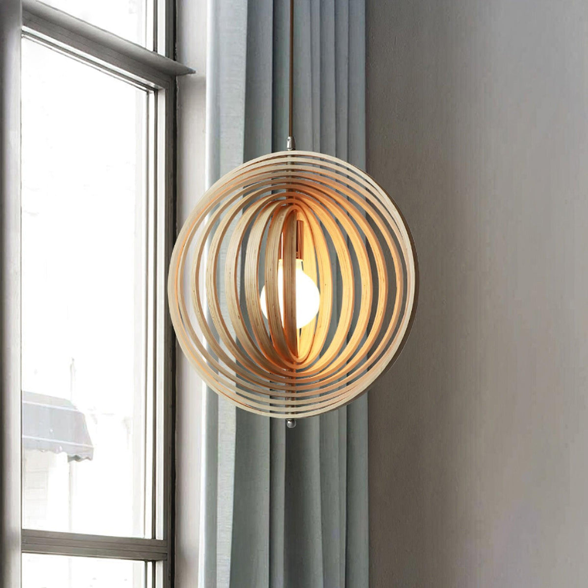 Lampada a sospensione legno Anelli sfera organica minimalista Ambiente