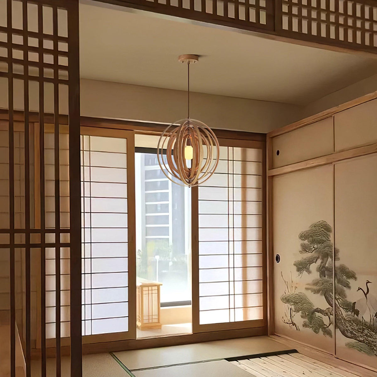 Lampada a sospensione legno Anelli sfera organica minimalista Ambiente