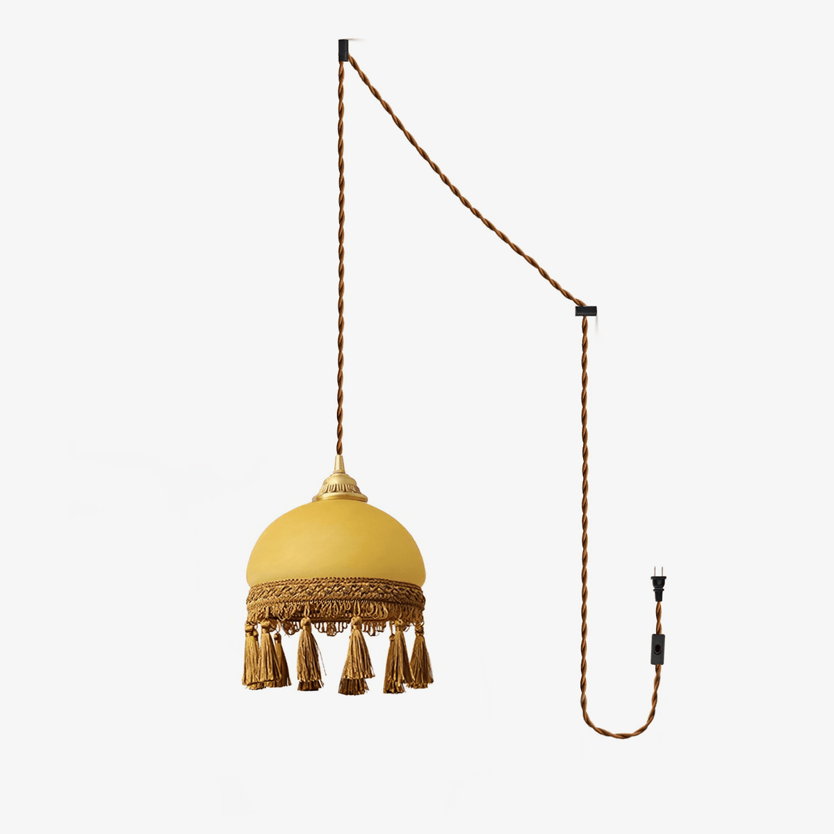 Sycaran lampada a sospensione in tessuto con frange stile francese e rosone in ottone in vetro