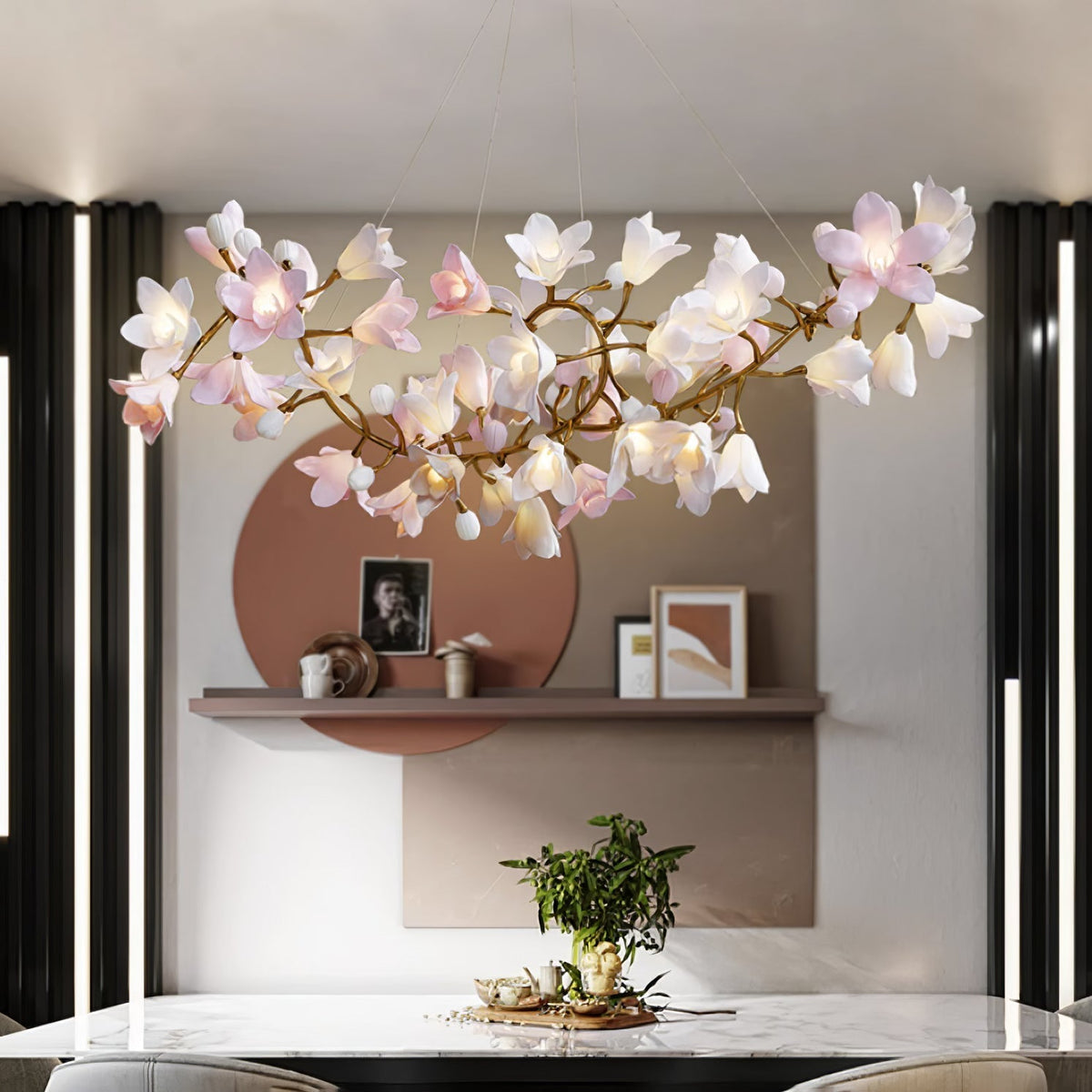 Elemu lampadario in ottone con fiori in Ceramica Rosa