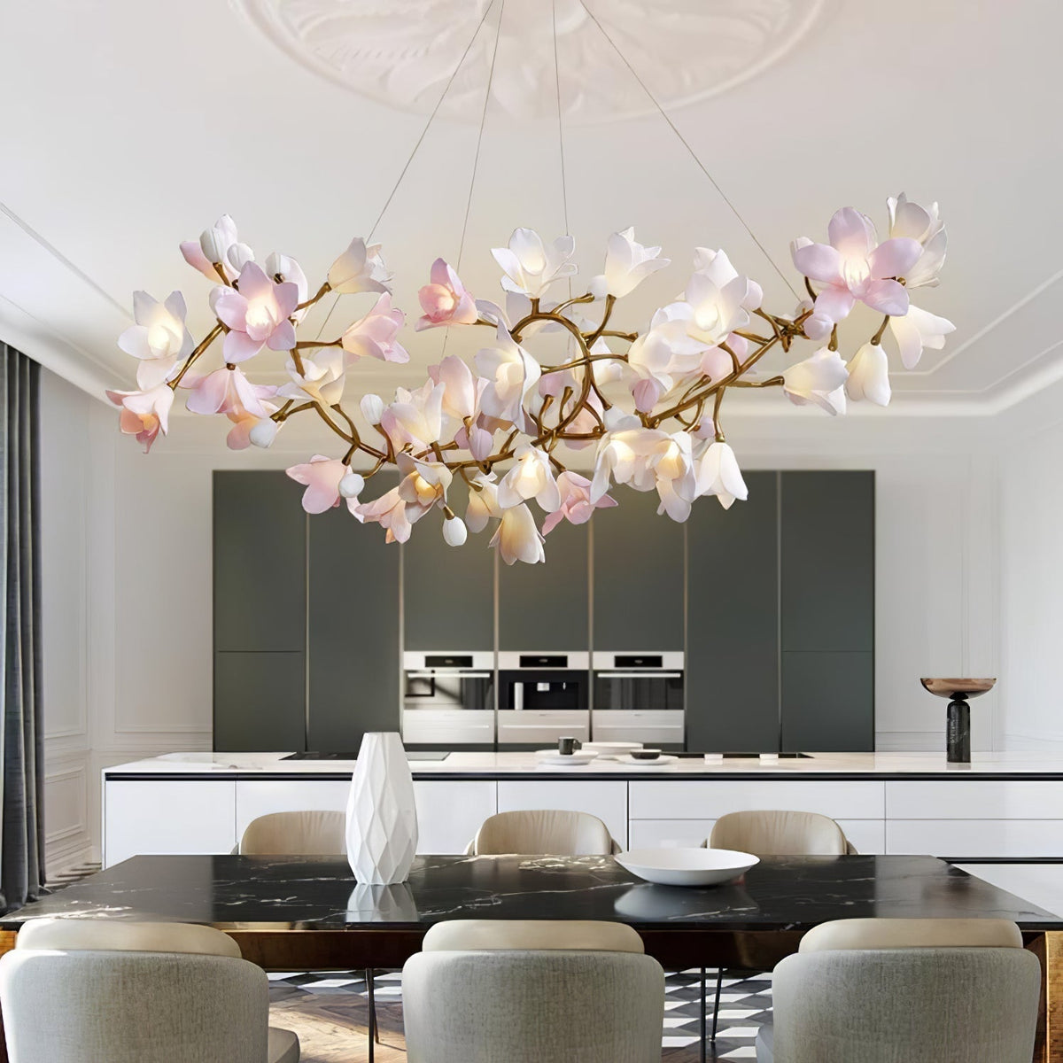 Elemu lampadario in ottone con fiori in Ceramica Rosa