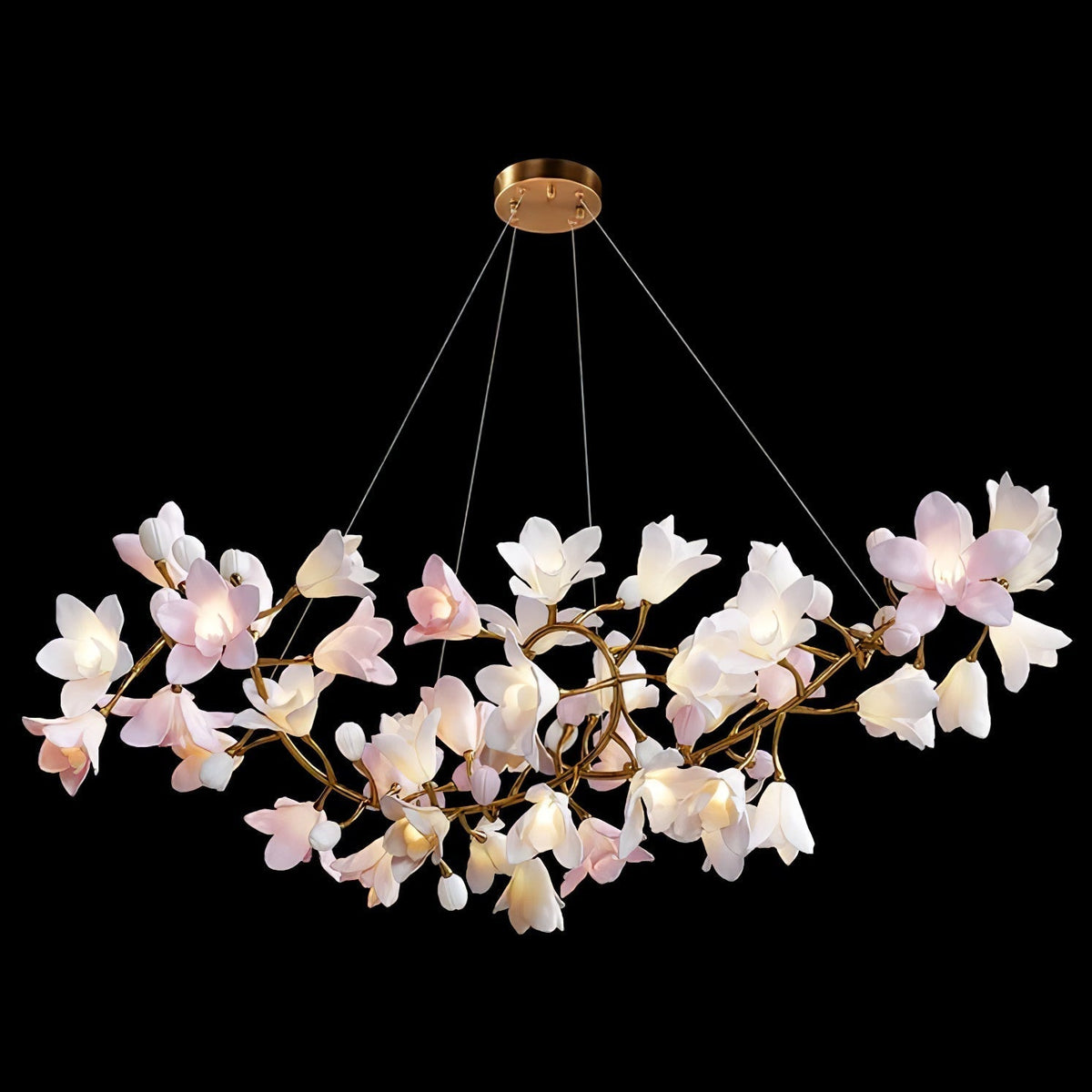 Elemu lampadario in ottone con fiori in Ceramica Rosa