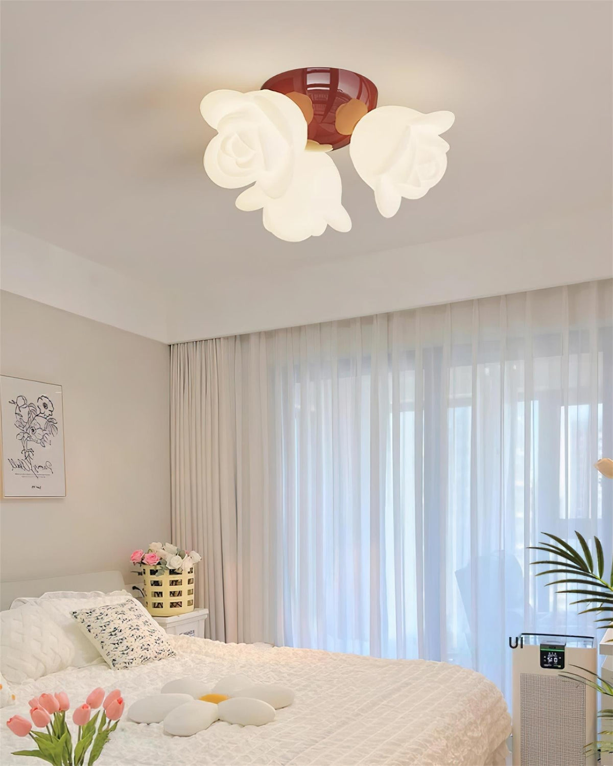 Lampada da soffitto con rosone in metallo e paralume a forma di rosa PE, accento artistico floreale