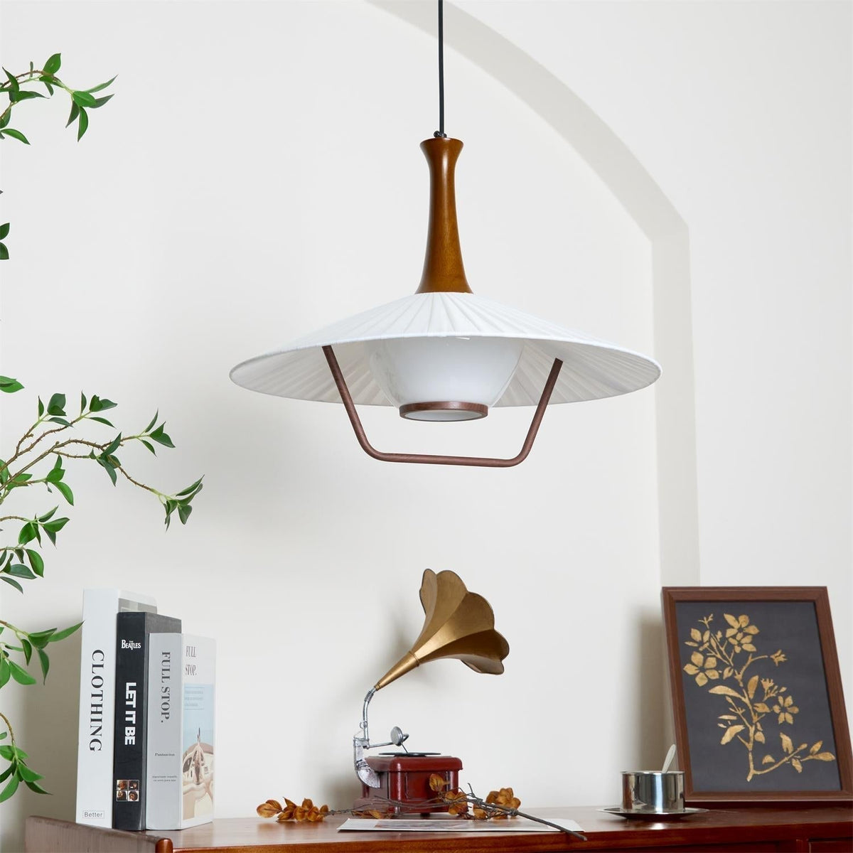 Vionne lampada a sospensione in legno e bianco stile di metà secolo