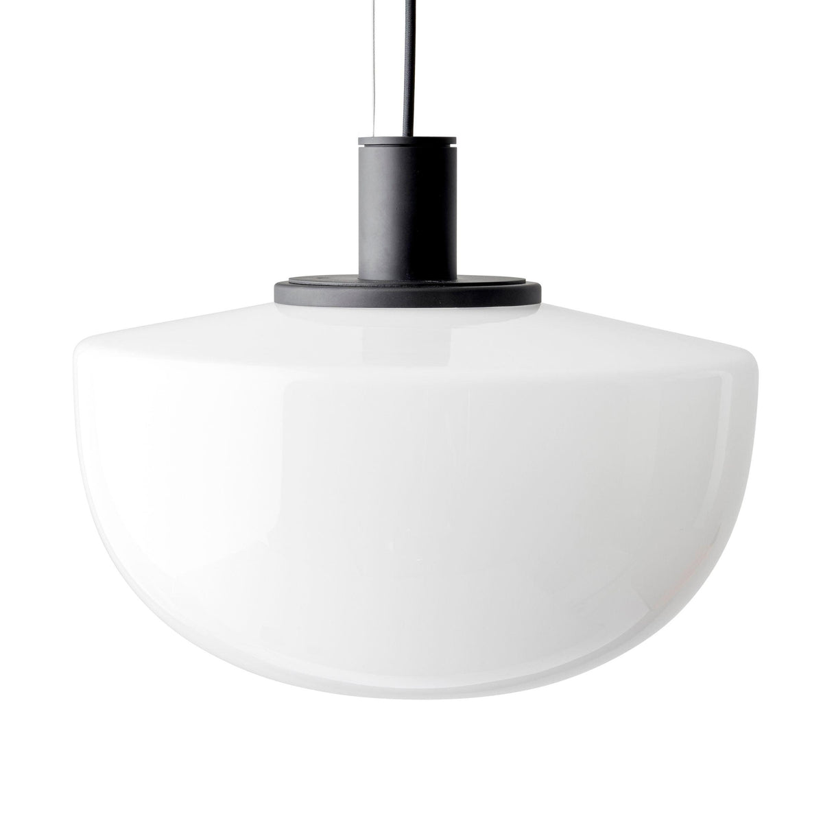 Lampada a sospensione in vetro, rosone metallico, design minimalista in metallo