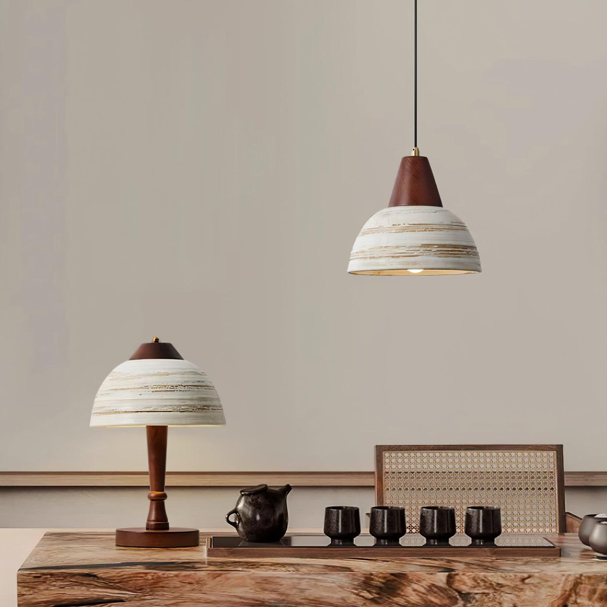 Lampada a sospensione in ceramica texturizzata, forma conica, stile nordico minimalista