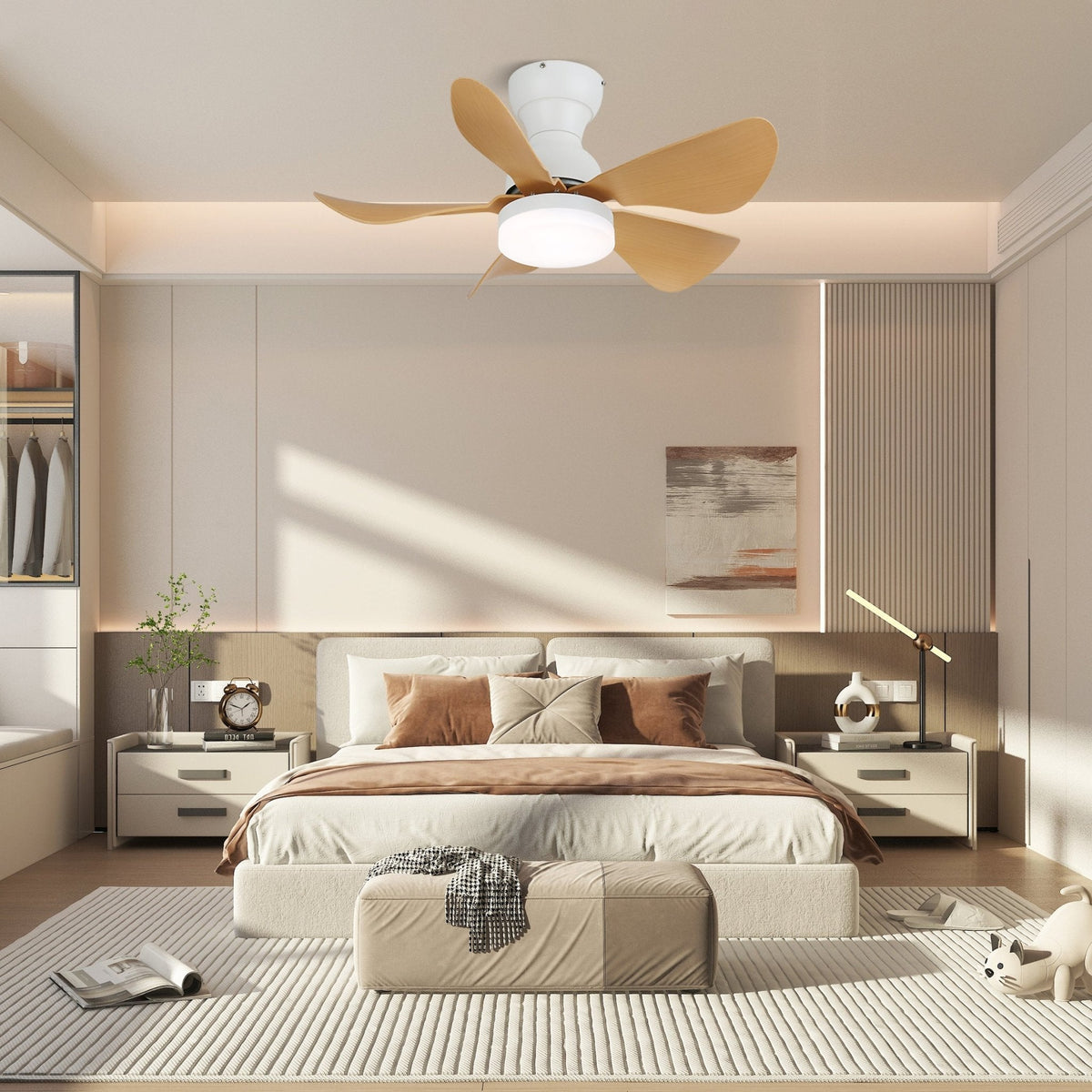Elvanelle Ventilatore da soffitto con luce in legno noce