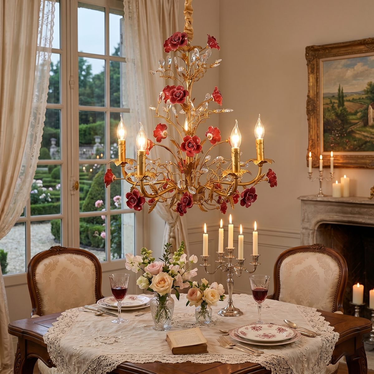 Lampadario Rampicante di Rose in Ceramica Rosa