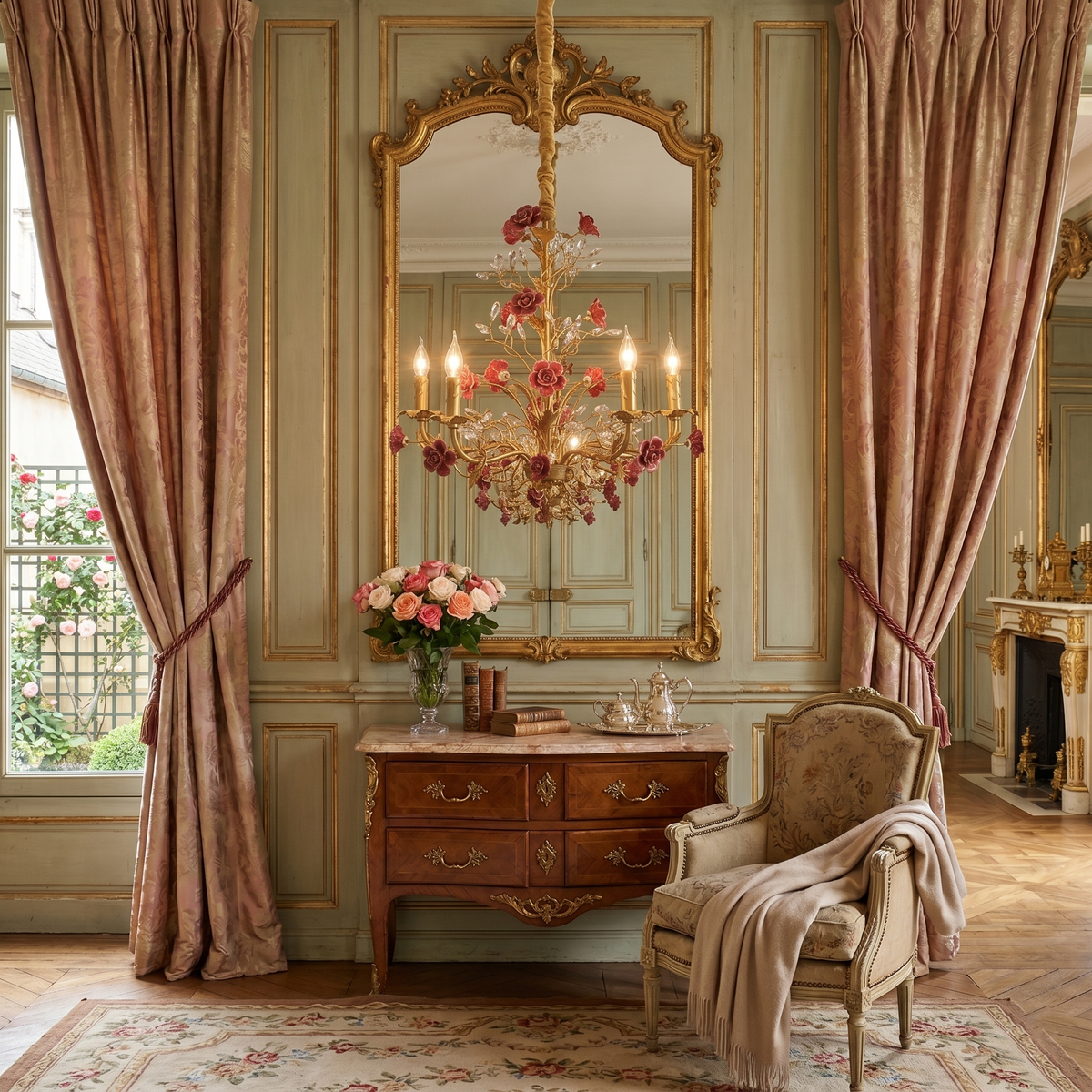Lampadario Rampicante di Rose in Ceramica Rosa