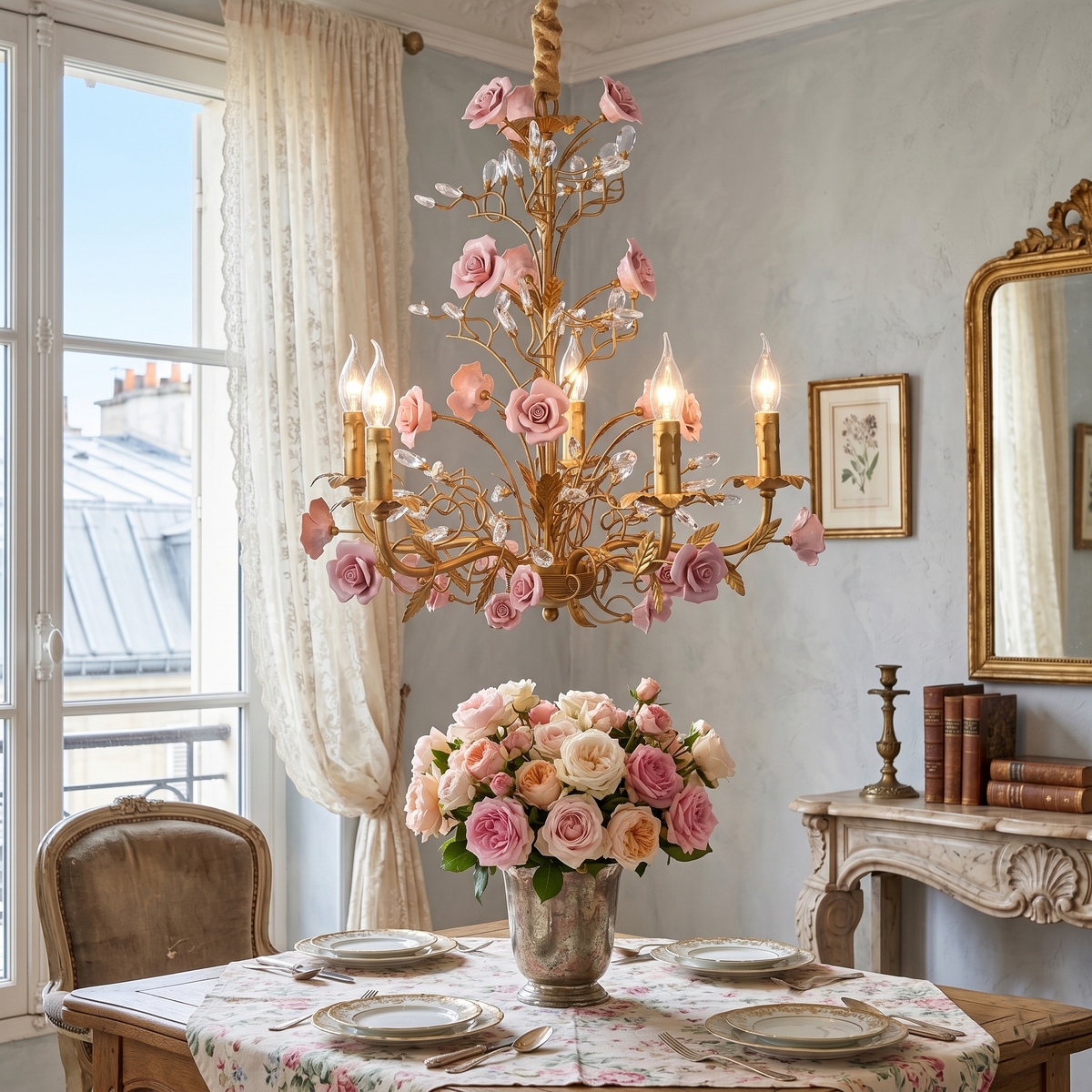 Lampadario Rampicante di Rose in Ceramica Rosa