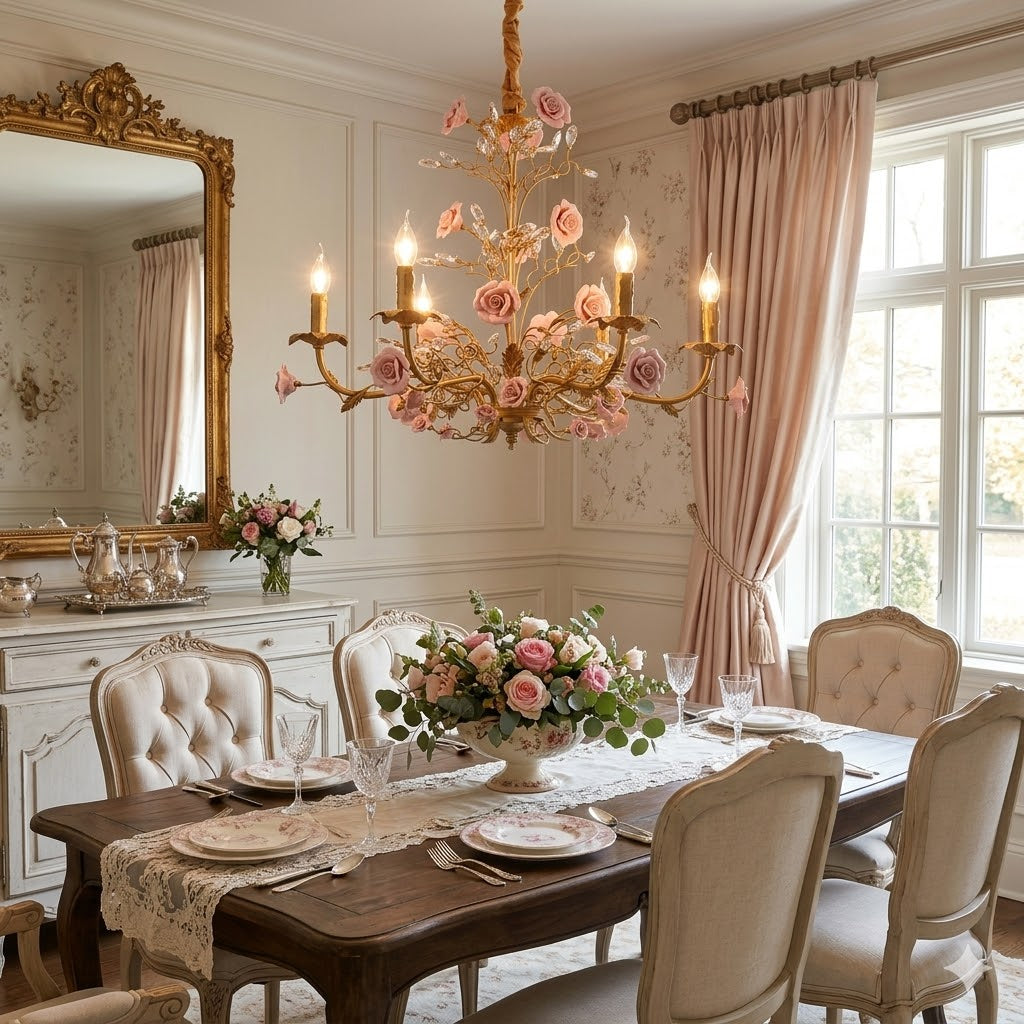 Lampadario Rampicante di Rose in Ceramica Rosa