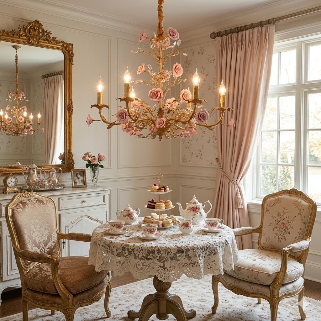 Lampadario Rampicante di Rose in Ceramica Rosa