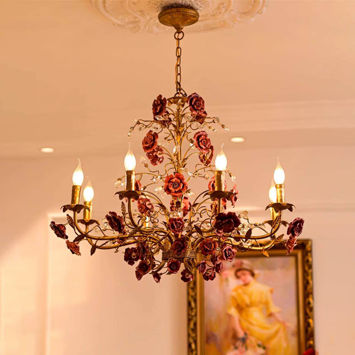 Lampadario Rampicante di Rose in Ceramica Rosa