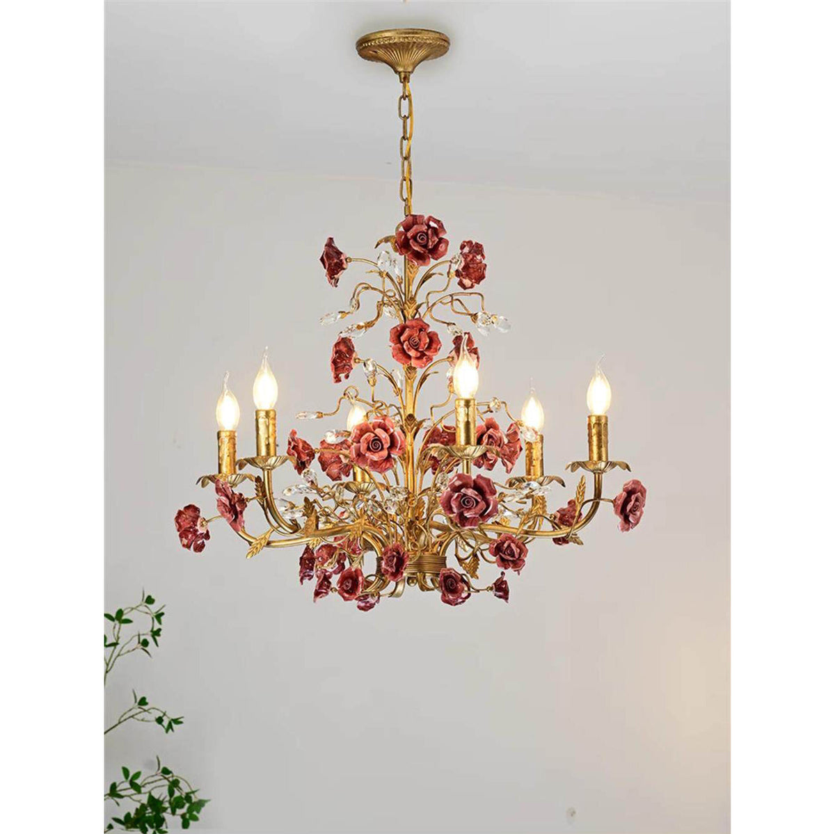 Lampadario Rampicante di Rose in Ceramica Rosa