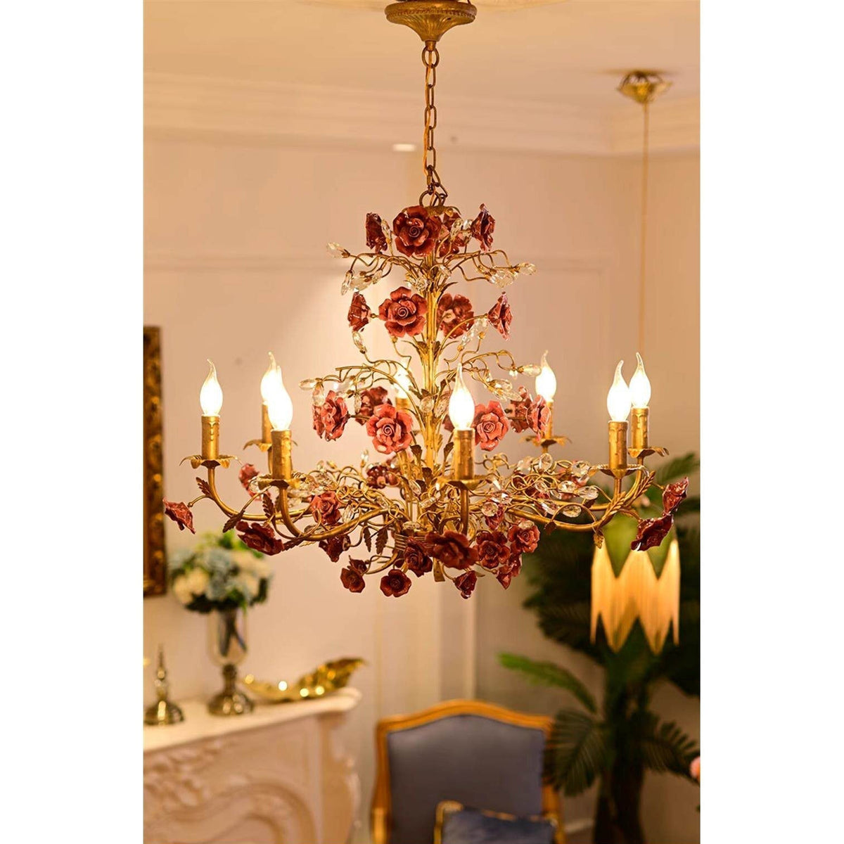 Lampadario Rampicante di Rose in Ceramica Rosa
