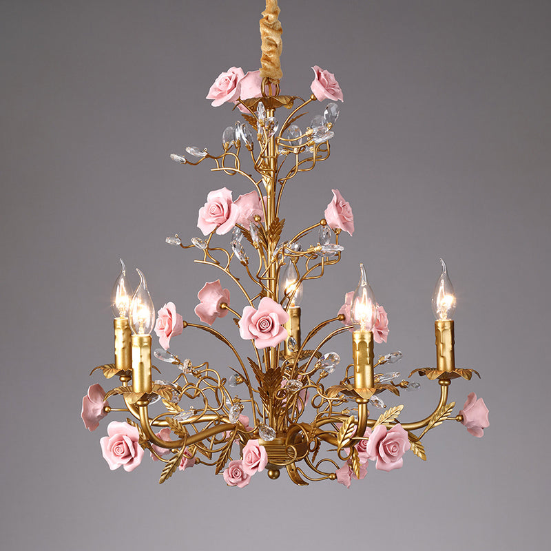 Lampadario Rampicante di Rose in Ceramica Rosa