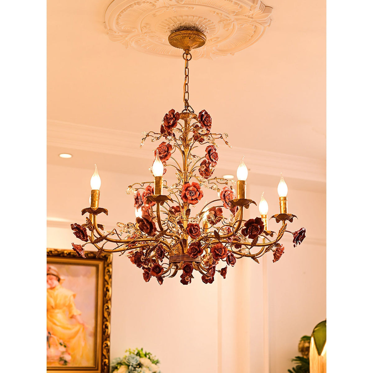 Lampadario Rampicante di Rose in Ceramica Rosa