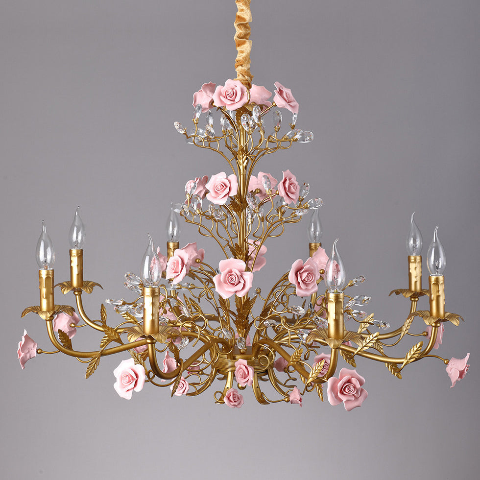 Lampadario Rampicante di Rose in Ceramica Rosa