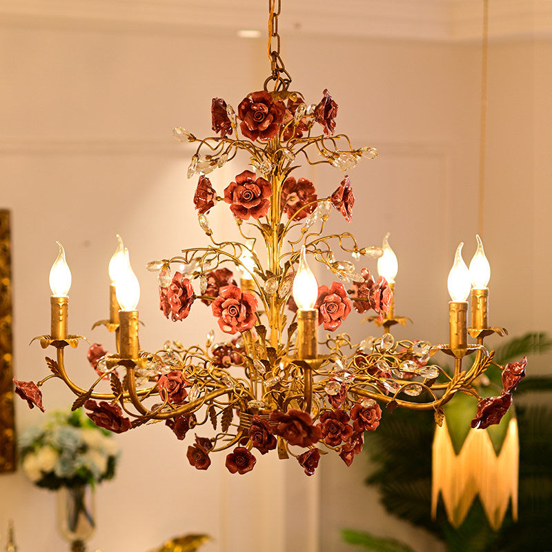 Lampadario Rampicante di Rose in Ceramica Rosa