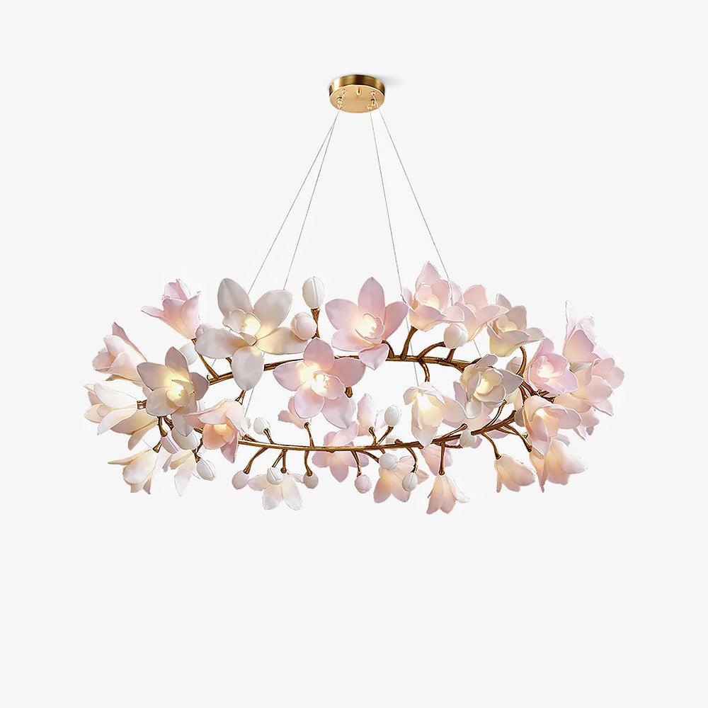 Elemu lampadario in ottone con fiori in Ceramica Rosa
