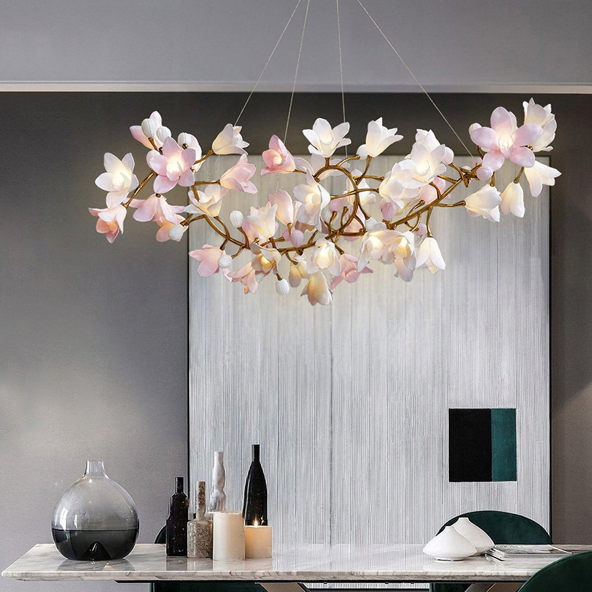 Elemu lampadario in ottone con fiori in Ceramica Rosa
