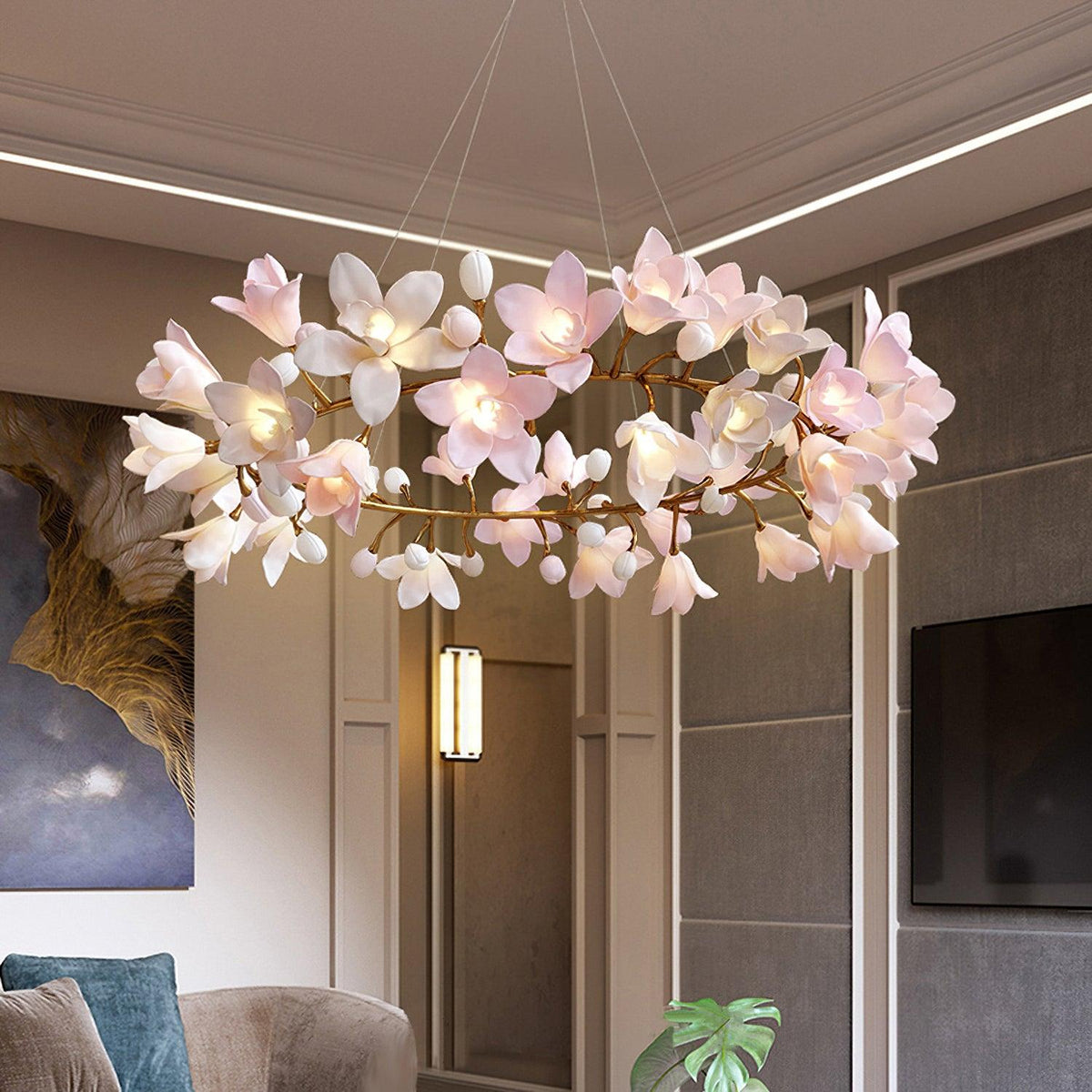 Elemu lampadario in ottone con fiori in Ceramica Rosa