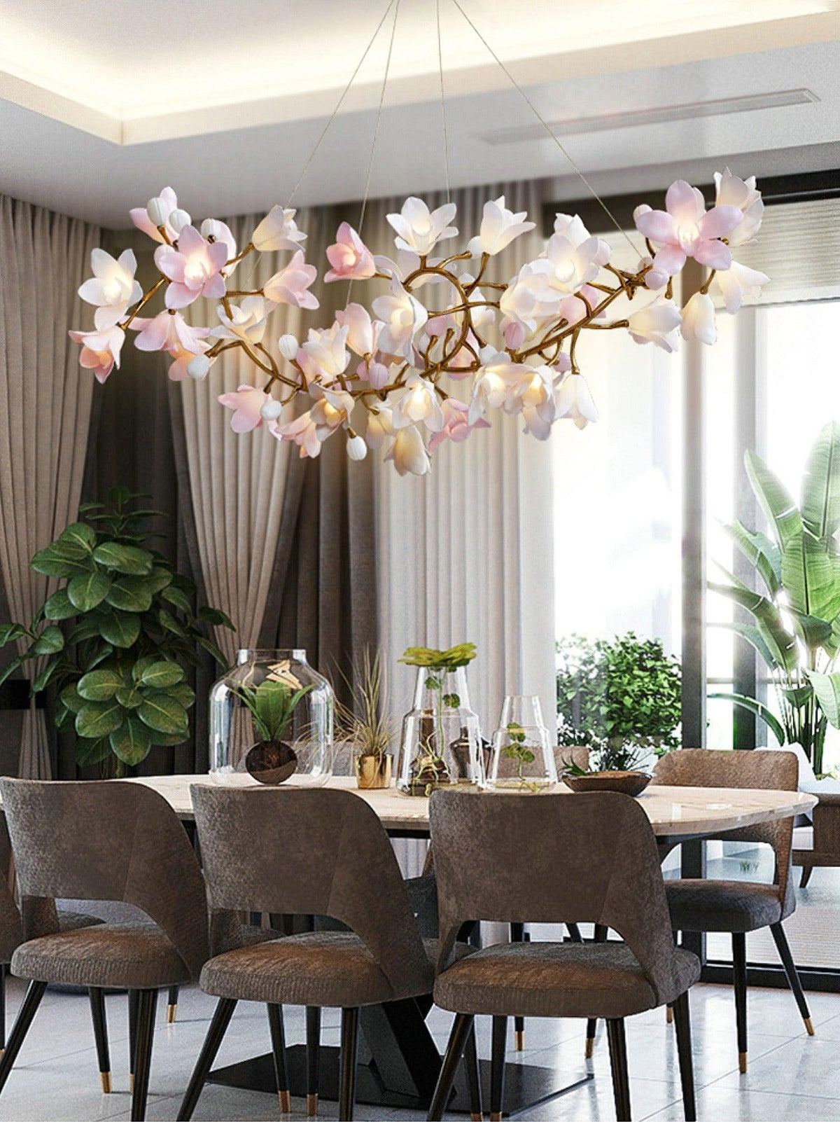 Elemu lampadario in ottone con fiori in Ceramica Rosa