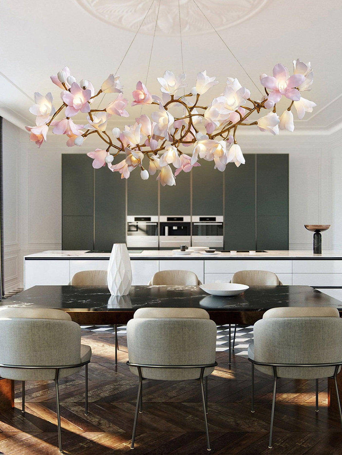 Elemu lampadario in ottone con fiori in Ceramica Rosa
