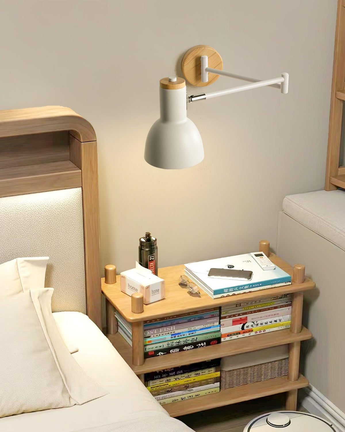 Lampada da parete Braccio Regolabile Paralume a Cono Base in legno Studio moderno