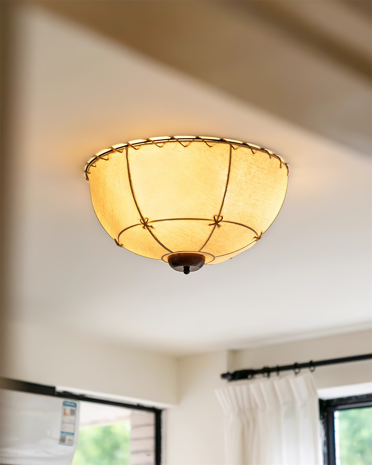 Dome lampada da soffitto in legno e tessuto artigianale rustico