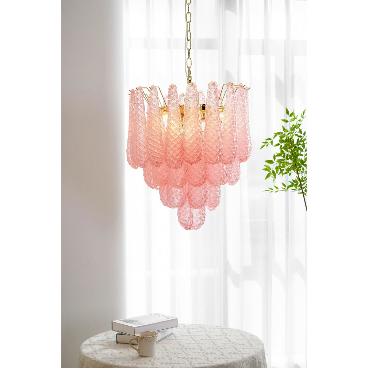 Veliena lampadario Gocce Rosa vetro Murano Motivo Diamante Cascata
