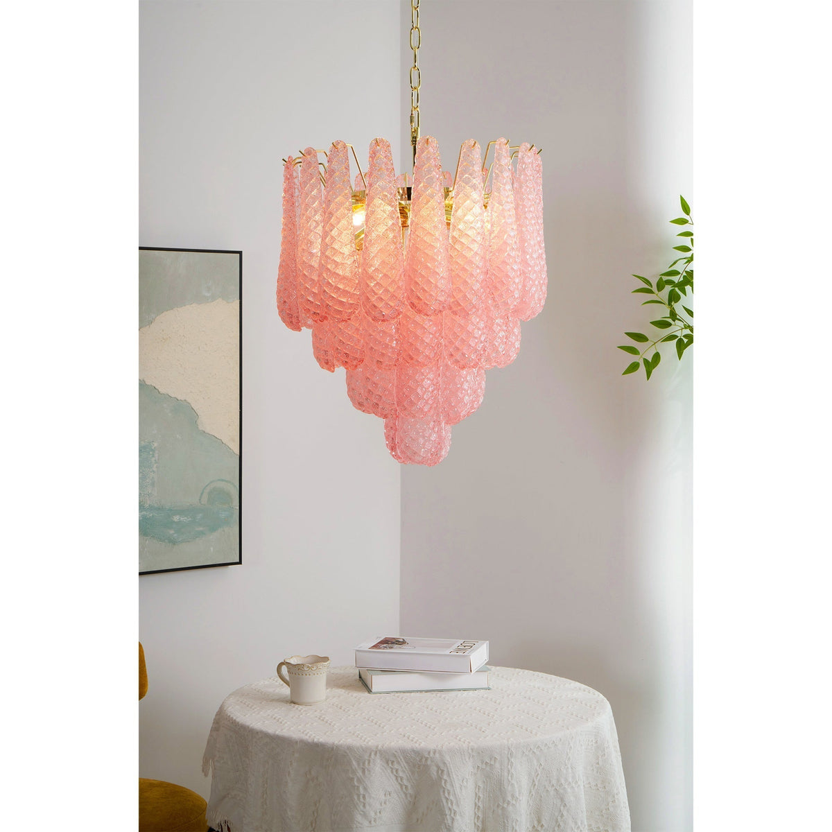 Veliena lampadario Gocce Rosa vetro Murano Motivo Diamante Cascata