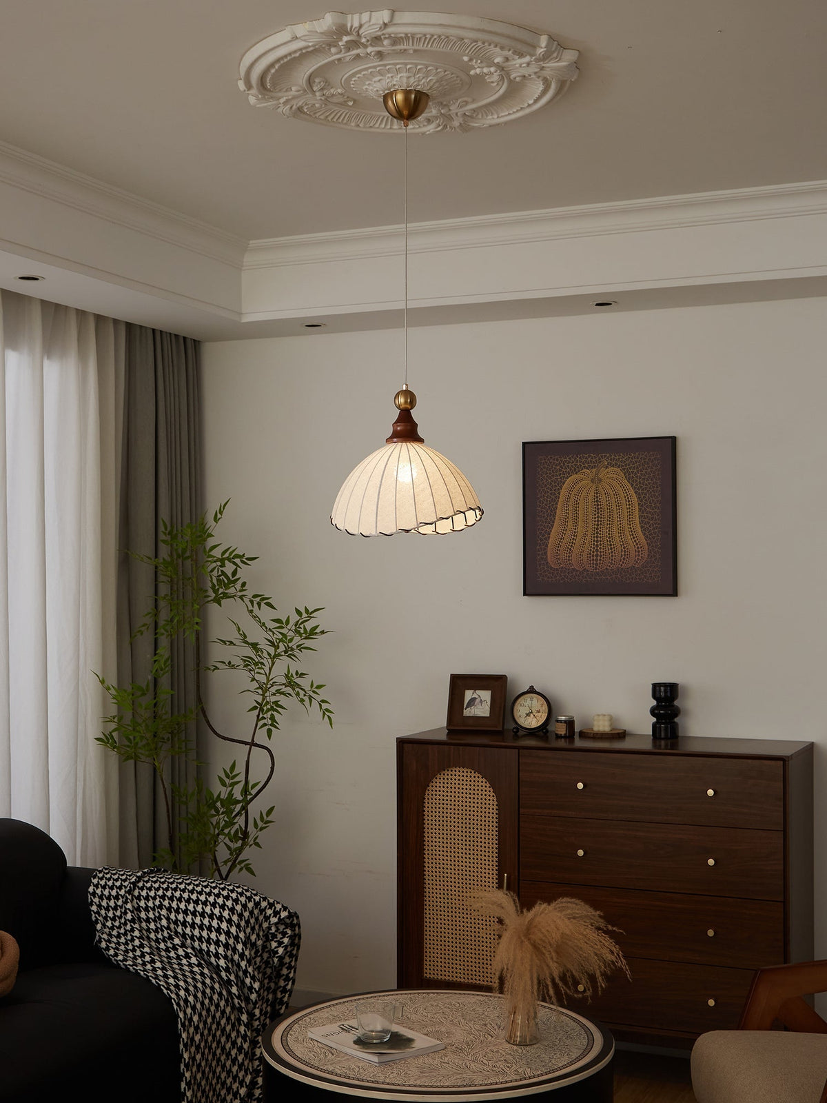 Earian lampada a sospensione elegante in legno e tessuto