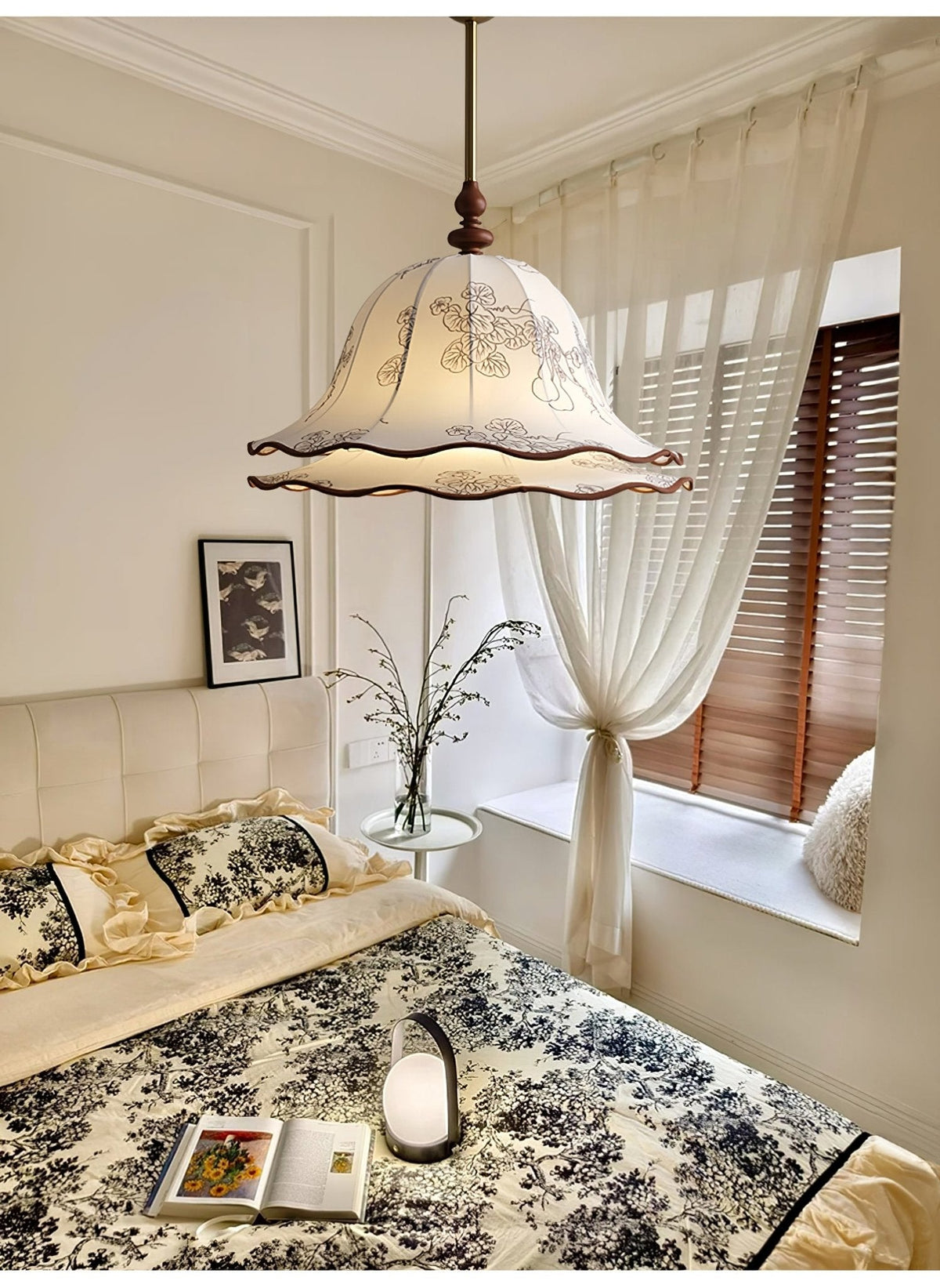 Ilsilis Eleganza Tradizionale lampada a sospensione in legno con Paralume in tessuto Floreal floreale