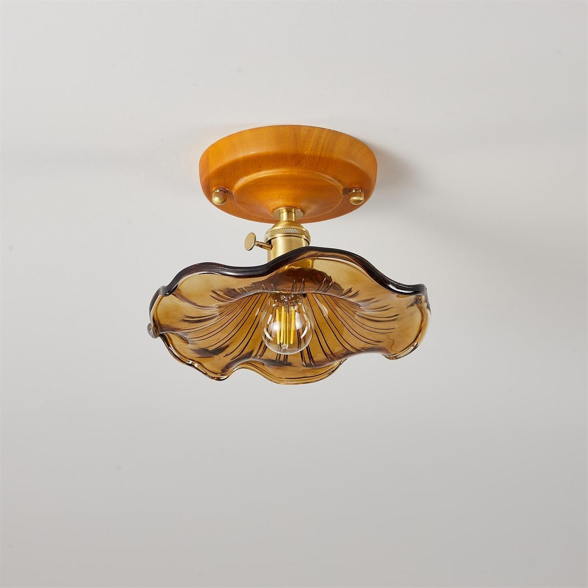Lampada da soffitto con rosone in legno e paralume in vetro e ottone, stile vintage floreale country