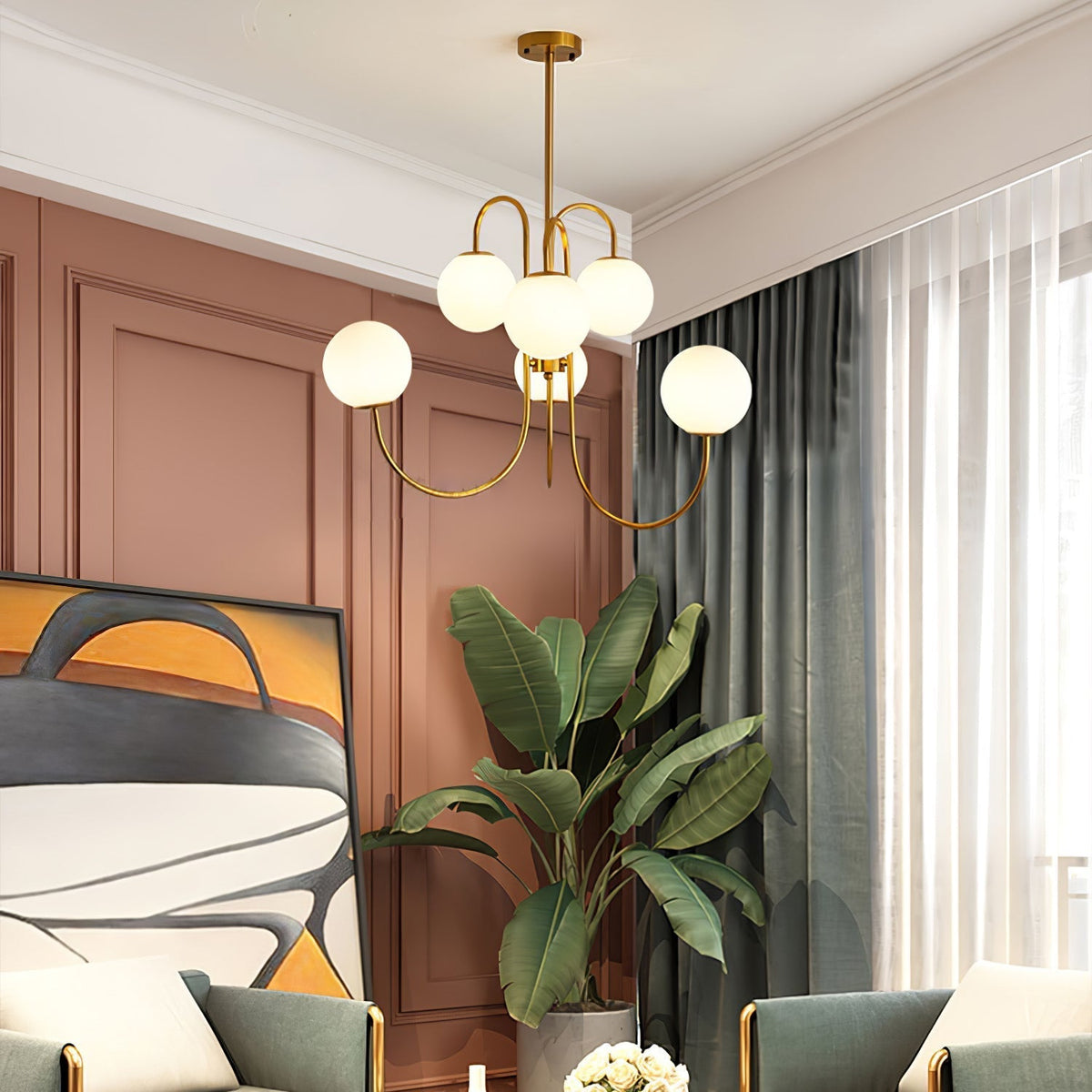 Auruaria lampadario ottone Bracci Curvi sfere Opaline elegante per soggiorno a grappolo