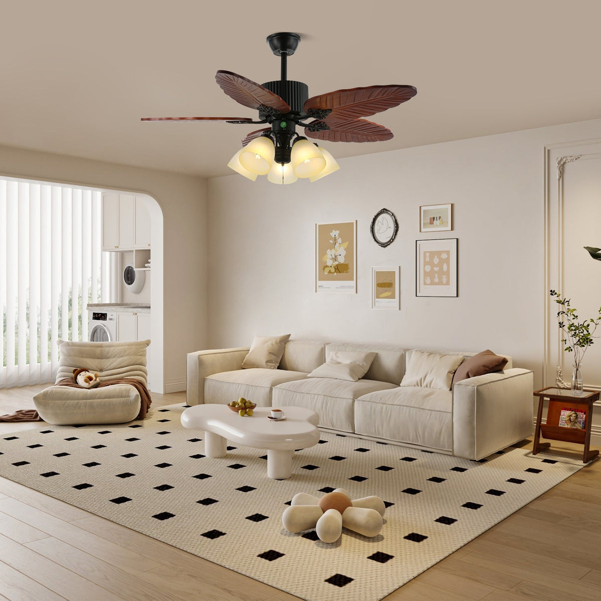 Ventilatore da soffitto con luce Palmoré foglie in legno noce
