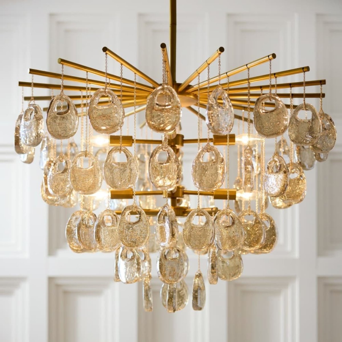 Velaian lampadario Gocce in vetro ambra ottone Antico