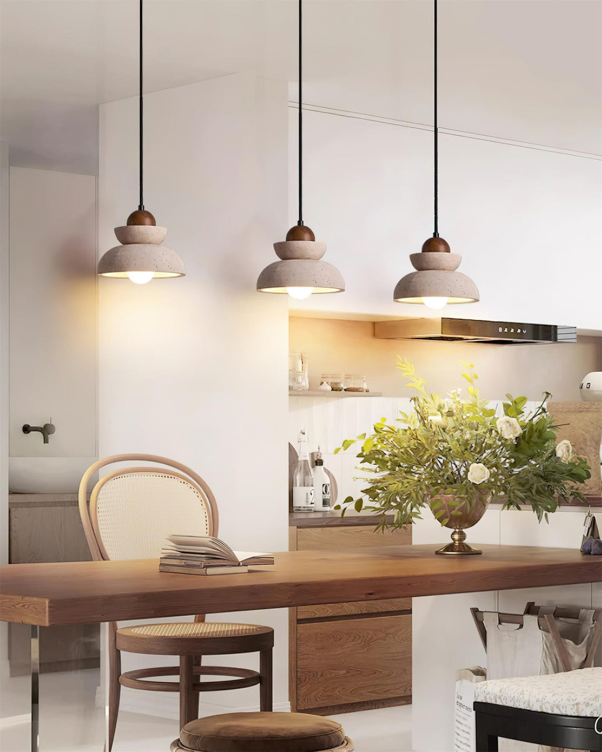 Lampada a sospensione travertino Paralume legno moderno Nordico Beige Walnut