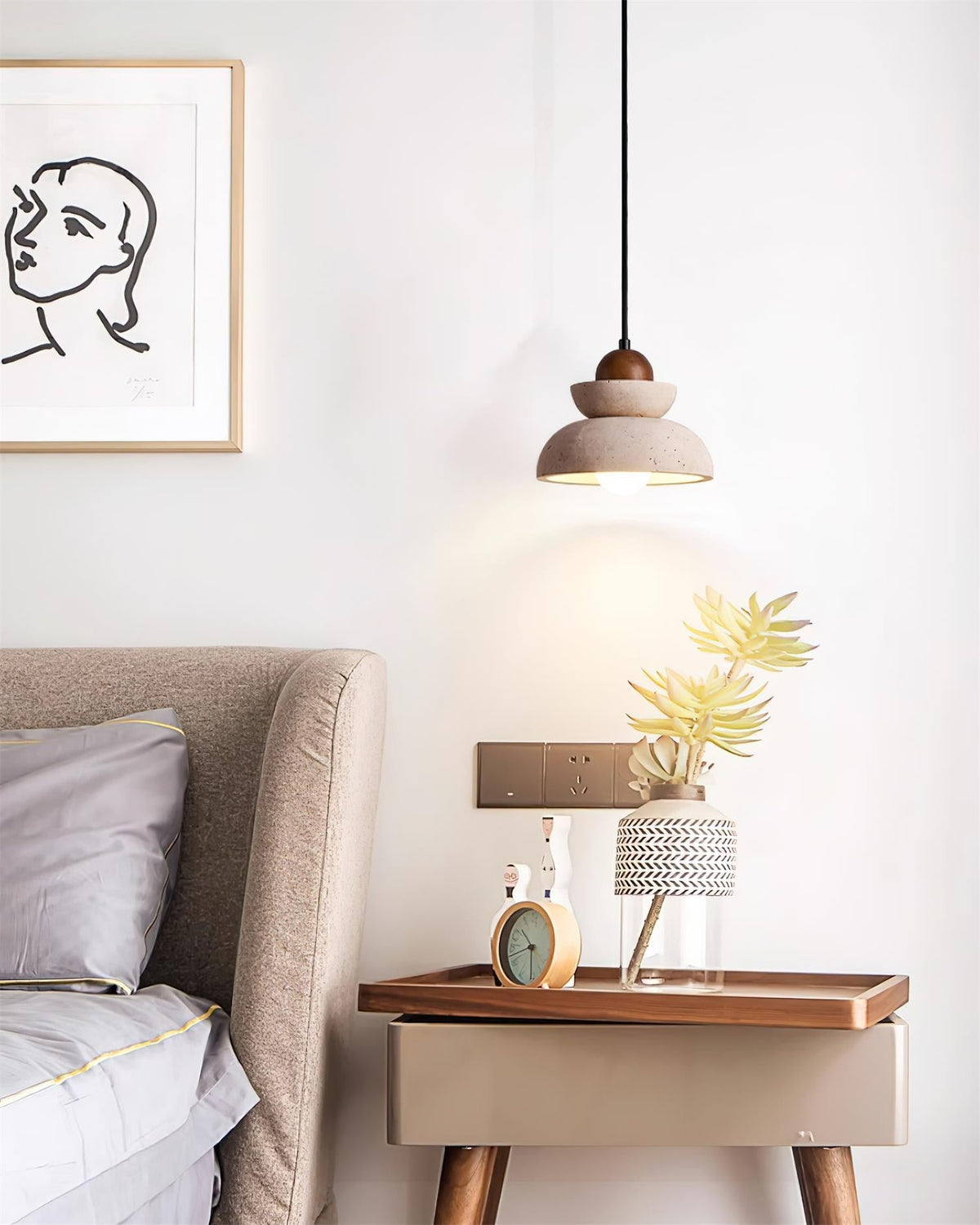 Lampada a sospensione travertino Paralume legno moderno Nordico Beige Walnut