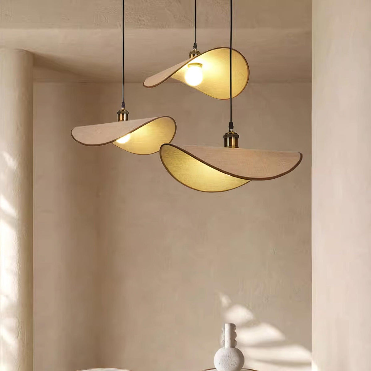 Mirelle lampada a sospensione in tessuto lino, finitura legno minimalista