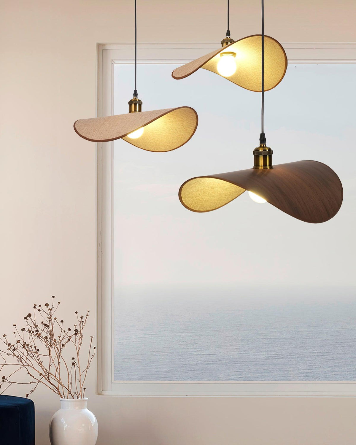 Mirelle lampada a sospensione in tessuto lino, finitura legno minimalista