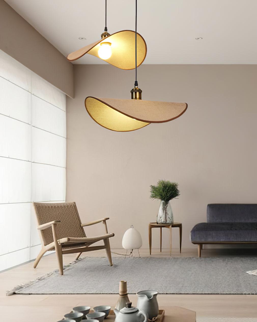 Mirelle lampada a sospensione in tessuto lino, finitura legno minimalista