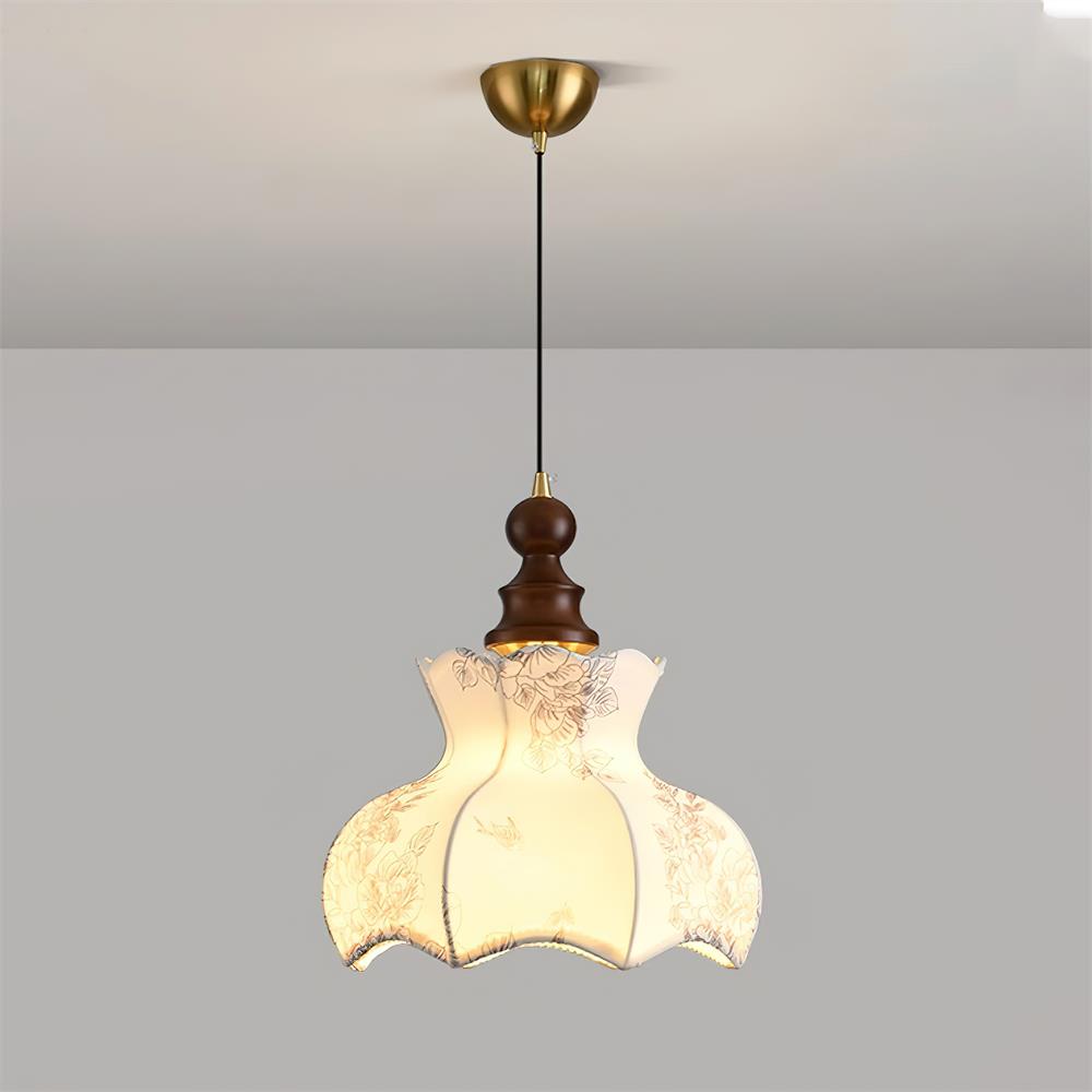 Lampada a sospensione in metallo e legno con tessuto vintage floreale elegante