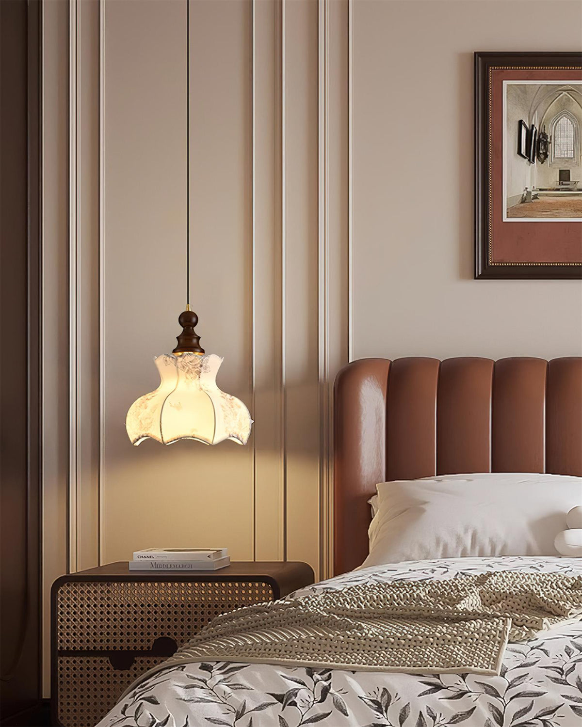 Lampada a sospensione in metallo e legno con tessuto vintage floreale elegante