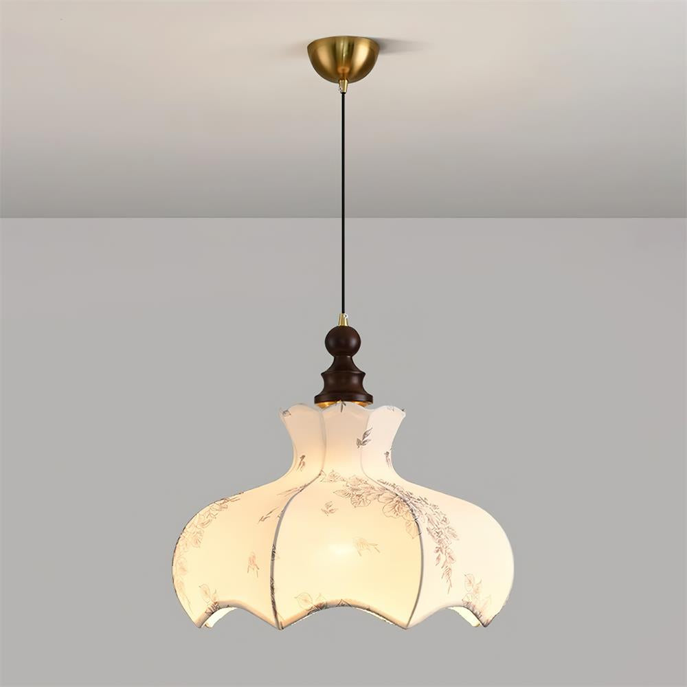 Lampada a sospensione in metallo e legno con tessuto vintage floreale elegante
