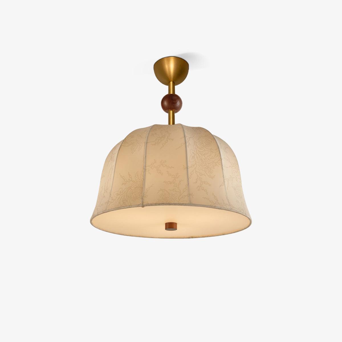 Lampada da soffitto in tessuto, metallo e legno per interni eleganti dal calore accogliente