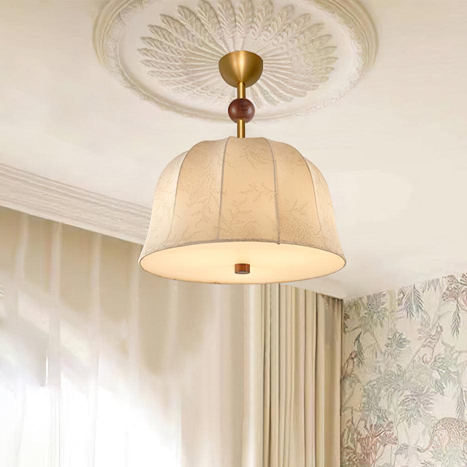 Lampada da soffitto in tessuto, metallo e legno per interni eleganti dal calore accogliente