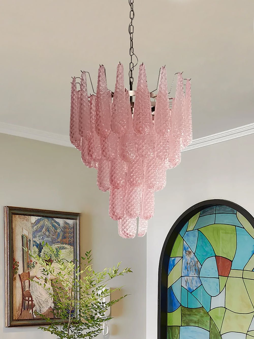 Veliena lampadario Gocce Rosa vetro Murano Motivo Diamante Cascata